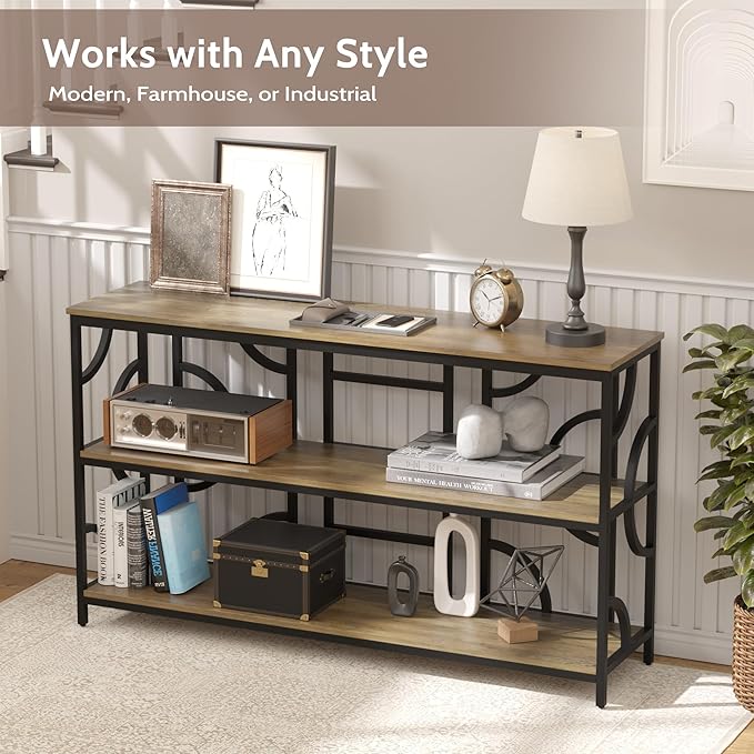 55'' Industrial Sofa Table, 3-Tier Storage Console Table with Unique Geometric Design, Behind Couch Accent Table for Entryway, Living Room, Foyer, Hallway, Office - Rustic Brown