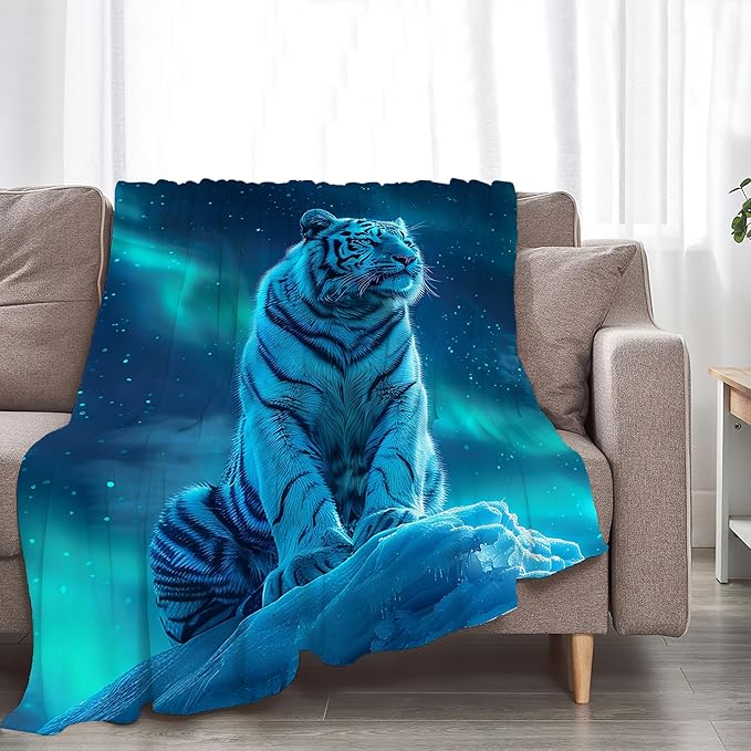 White Tiger Throw - Soft, Warm & Cozy Fleece Blanket for Men, Women, Kids - 60"x50"