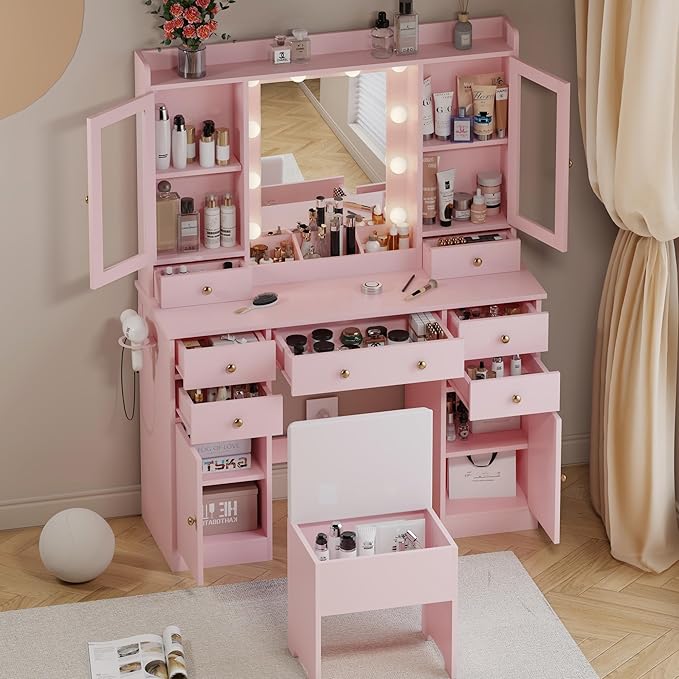 Vanity Desk with Mirror and Lights, Pink Vanity Mirror with Lights Desk and Chair &7 Drawers, Cabinets Makeup Vanity Table with with Stool for Bedroom 3 Lights Mode and Brightness Adjusted