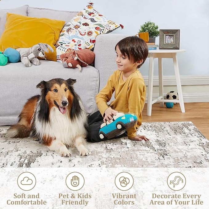 Area Rug 4x6 for Living Room Stain Resistant Carpet Modern Abstract Rugs Ultra Soft Indoor Floor Cover Accent Rug Low Pile Thin Machine Washable for Bedroom Dining Room, Taupe/Beige