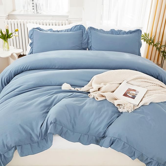 Litanika Grayish Blue Queen Comforter Set, 3 Pieces Ruffle Farmhouse Aesthetic Bedding Comforter Set, All Season Soft Lightweight Fluffy Microfiber Bed Set(90x90In Comforter, 2 Pillowcases)