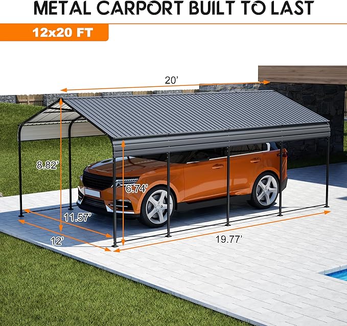 12X20 FT Metal Carport, Outdoor Car Shelter All Weather, Heavy Duty Outdoor Galvanized Car Shelter for Car Boat Truck and SUVs, Black