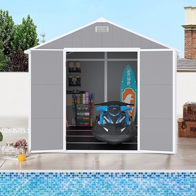 8x8 FT Outdoor Storage Resin Shed with Floor,Waterproof Plastic Garden Bike Shed with Lockable Door, Sloped Roof, Vents & Windows, Easy Assembly Tool Shed for Lawn, Backyard, Patio, Grey