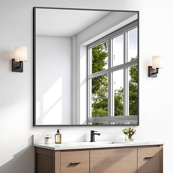 BONEWEI Bathroom Mirror,36x40 inch Wall Mirror for Bathroom Wall Mounted Black Rectangle Square Corner Mirrors, Black Bathroom Mirror for Living Room, Farmhouse, Bedroom Entryway, Horizontal/Vertical