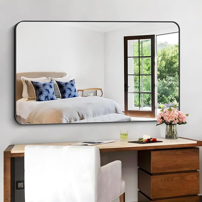 Bathroom Mirror, 30"x55" Black Rectangle Wall Mirror, Metal Frame Rounded Corner Vanity Mirror, Large Wall Mounted Mirror for Modern Bedroom Living Room Horizontal Or Vertical Mounting