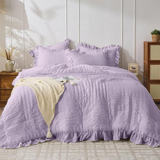 JOLLYVOGUE Lavender Twin Size Comforter Set, 2 Pieces Seersucker Lightweight Fluffy Bedding Set, Twin Ruffle Comforter, All Season Soft Microfiber Shabby Chic Bed Set