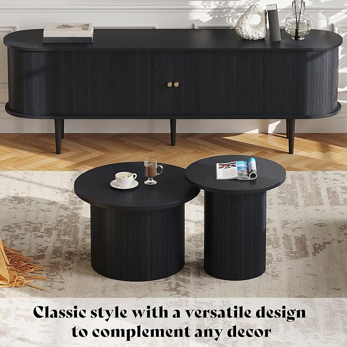 AMERLIFE 70" TV Stand with Solid Wood Legs, Mid Century Modern TV Console with Tambour Door for 80-inch TV, Dust-Proof Storage Cabinet for Living Room, Embossed Black