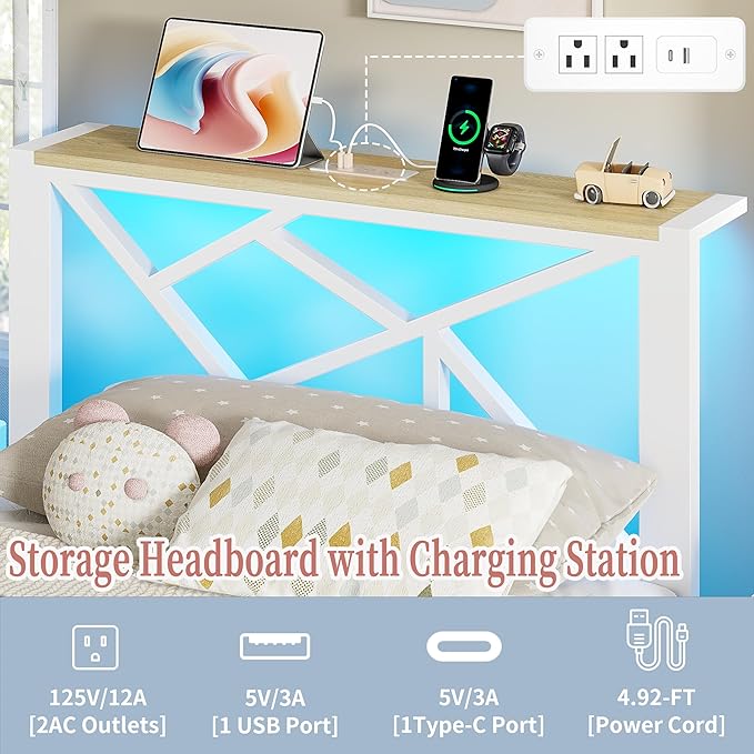 Twin White Metal Bed Frame with USB Charging Station, LED Ambient Lighting, and Wooden Storage Headboard - Includes Under-Bed Storage, No Box Spring Needed, Noise Free, Easy to Assemble