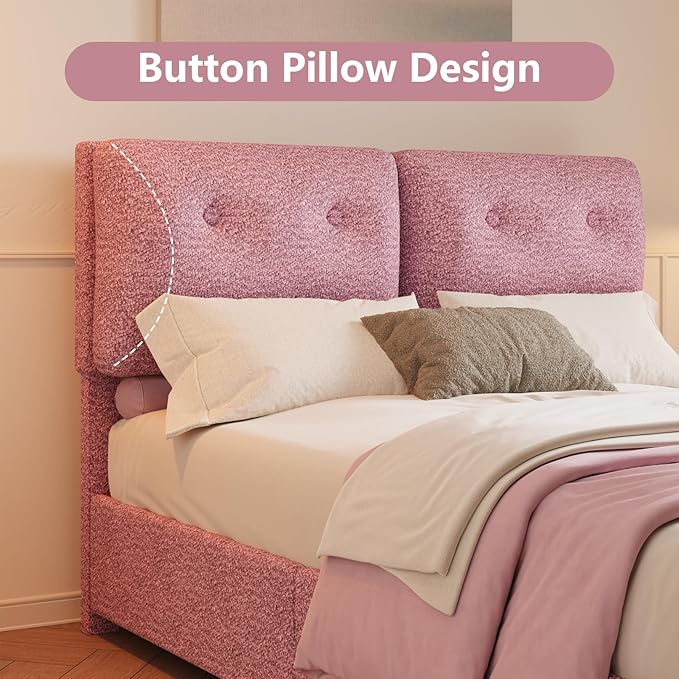 Full Bed Frames,Breathable Boucle Fabric Upholstered Bed Frame with Headboard,Removable and Washable,Wood Slat Support,No Box Spring Needed,Easy Assembly,Pink