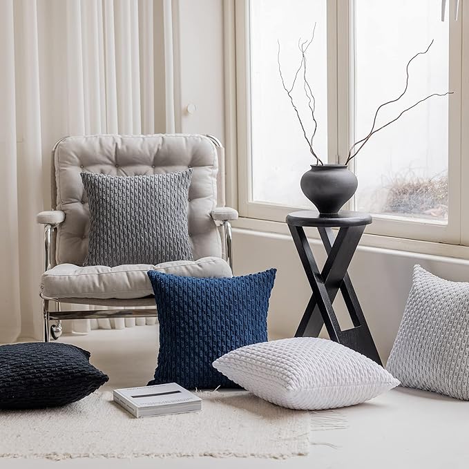 Kevin Textile 2 Packs Throw Pillow Covers for Couch Striped Velvet Cushion Covers for Chair 40x40 cm 16 x 16 Inch Pure White