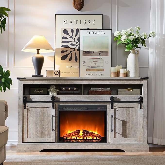 OKD Farmhouse Fireplace TV Stand for 70 Inch TV, 33" Tall Highboy Entertainment Center w/Electric Fireplace, Rustic Media Console w/Sliding Arched Door for Living Room,Light Rustic Oak