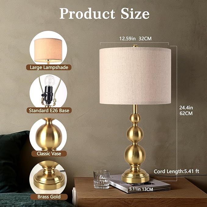 Gold Table Lamp Set of 2, 24.4" Table Lamps for Living Room, Gold Tall Skinny Table Lamps, Modern Buffet Lamp for Bedroom Bedside, Nightstand, Desk, End Table, Entry Way