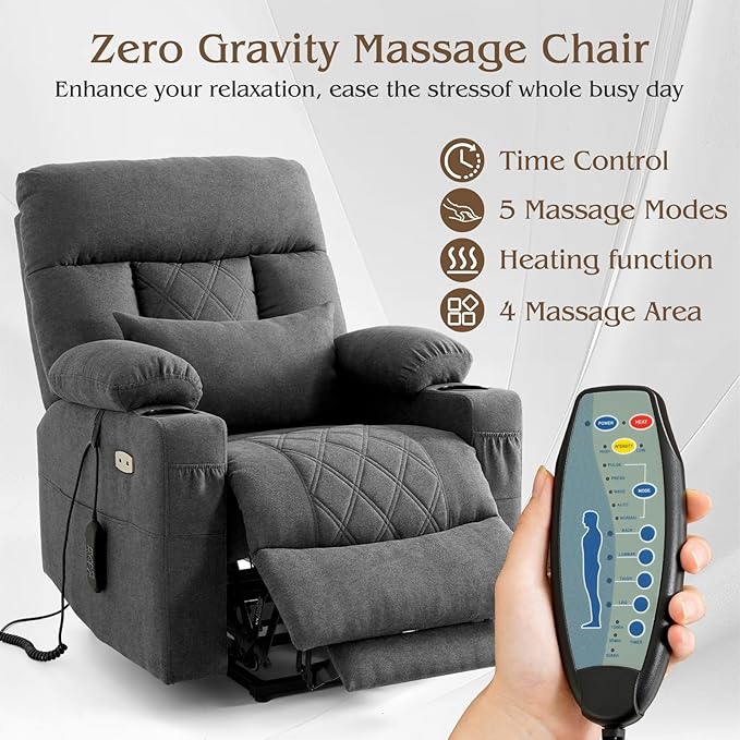 Power Lift Recliner Chair for Elderly with Extended Footrest, Infinite Position Lay Flat Recliner Chair for Adult W/Massage & Heating, Adjustable Headrest, 3-Motor Zero Gravity,Cup Holder, Fabric