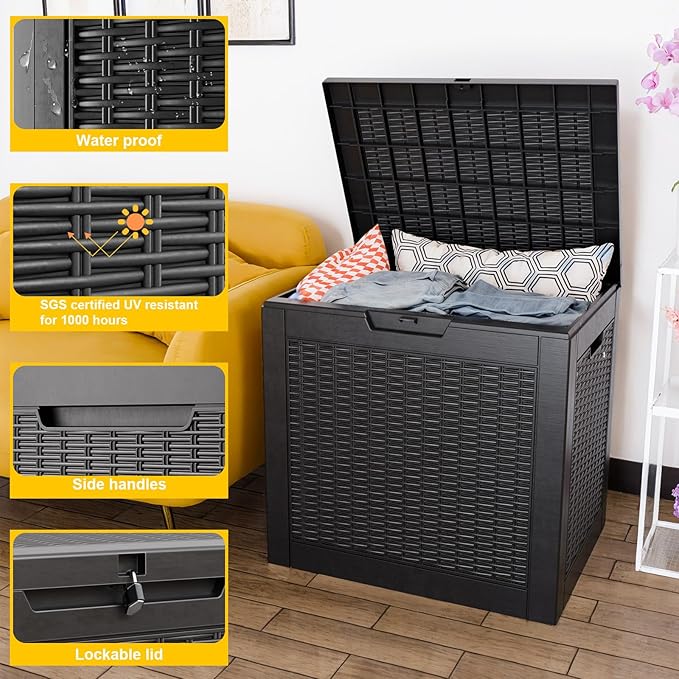 31 Gallon Waterproof Outdoor Resin Deck Box with Lockable Lid, Stylish Wicker Pattern, Easy Assembly Features and Convenient Handles For Patio Cushion, and other Patio Furniture (Black)