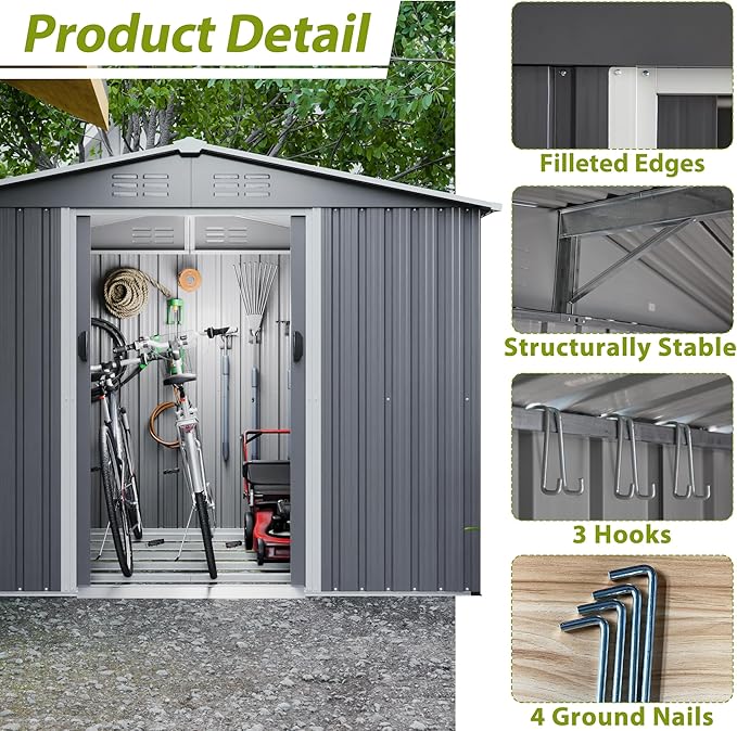 8 x 6 FT Outdoor Storage Metal Shed, Bike Garden Tool Shed with Slooping Roof, Lockable Doors and Aluminum Frames, Shed Easy to Assemble for Garden, Patio, Lawn, Black