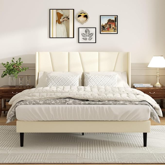 Full Bed Frame with Headboard and Wingback, Velvet Upholstered Platform Bed, Mattress Foundation with Wooden Slat Support, No Box Spring Needed, Easy Assembly, Noise Free, Beige