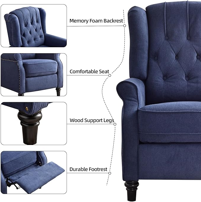EBELLO Pushback Recliner Chair, Fabric Armchair Push Back Recliner with Rivet Decoration, Single Sofa Accent Chair for Living Room, Bedroom, Navy Blue