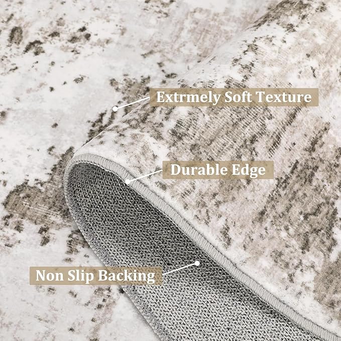 ROYHOM Modern Abstract 2x8 Runner Rug Non Slip Non Shedding Low Pile Stain Resistant Rug for Hallway Kitchen Bedroom, Taupe/Beige