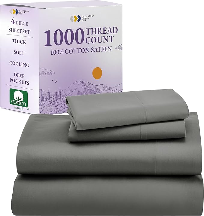 California Design Den King Bed Sheets Set - Luxury 1000 Thread Count Sateen, Thick and Natural 100% Cotton Sheets, Deep Pockets, Soft, Breathable and Durable Bedding Set - Grey
