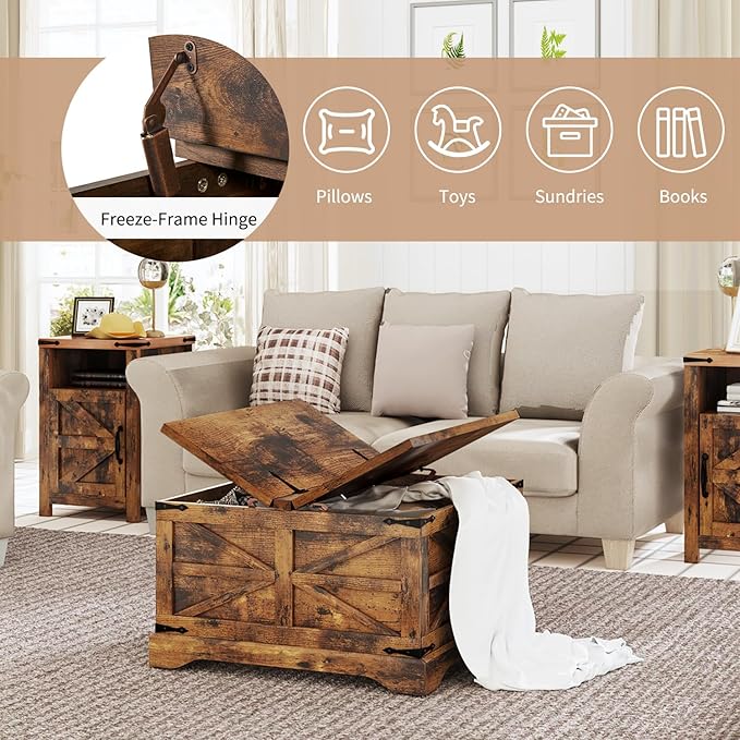 oneinmil Farmhouse Coffee Table with Storage Organizer, Square Coffee Tables with Large Storage Space, Center Table for Living Room, Bedroom, Home Office, Rustic Brown