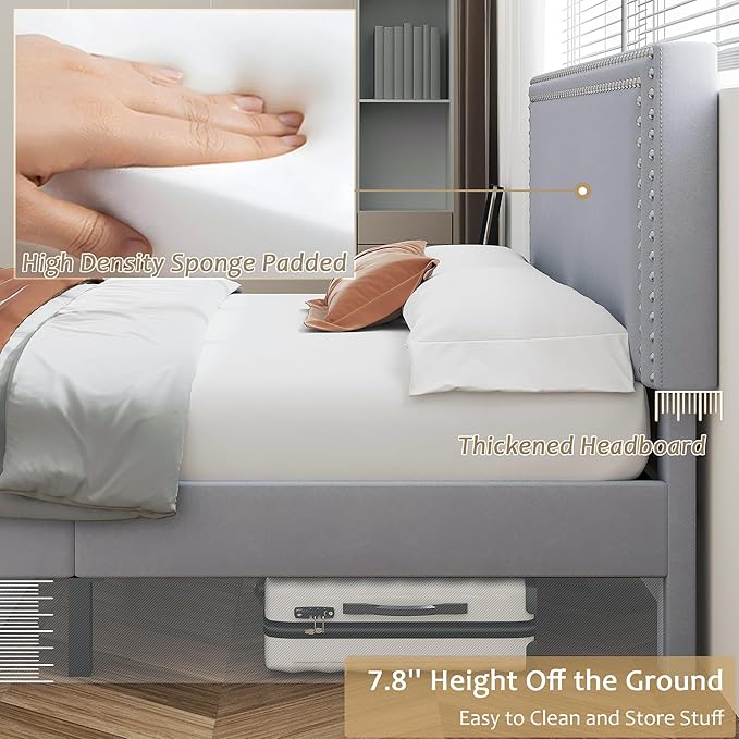 VECELO Queen Size Bed Frame with Height Adjustable Upholstered Headboard, Wooden Slats Platform, Noise-Free Design, Easy Assembly