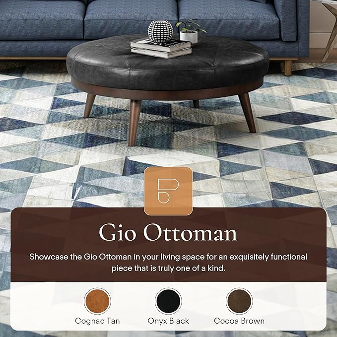 Poly & Bark Gio Ottoman – 30” Round with Feather-Down Topper – Full-Grain Leather Upholstery – Couch Ottoman for Living Room – Italian Leather in Onyx Black