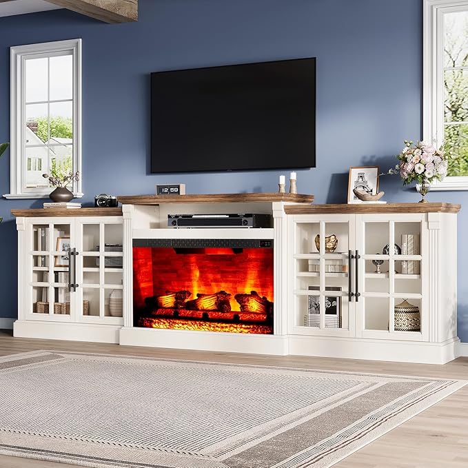 97" Farmhouse TV Stand with 33" Fireplace for TVs up to 100", Media Entertainment Center with Large Storage Cabinet and Adjustable Shelves for Living Room, White/Barnwood