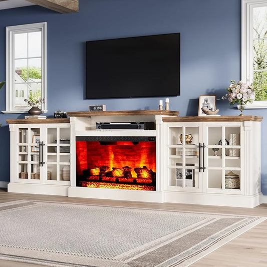 97" Farmhouse TV Stand with 33" Fireplace for TVs up to 100", Media Entertainment Center with Large Storage Cabinet and Adjustable Shelves for Living Room, White/Barnwood