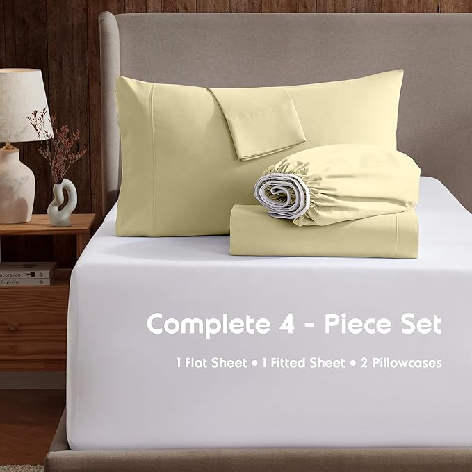 Nestl Short Queen Sheet Set - 1800 Ultra-Soft Microfiber - Double Brushed - Deep Pockets - Easy Fit - 4 Piece Set - Bed Sheets (Short Queen, Vanilla Yellow)