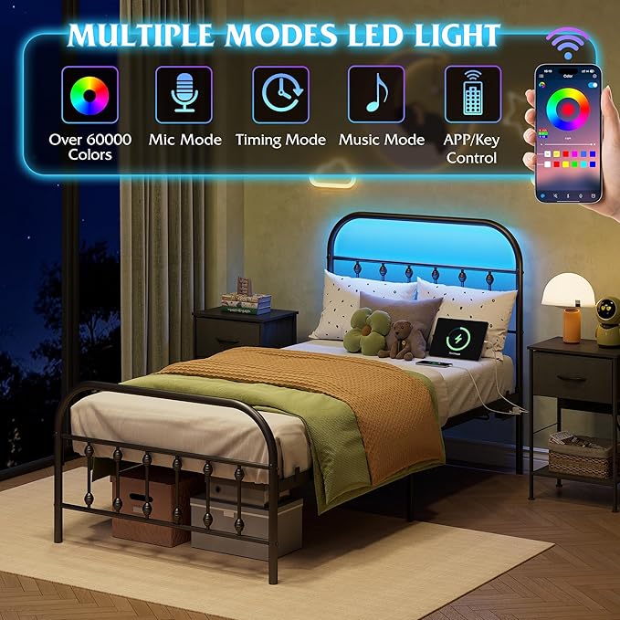 WLIVE Twin Bed Frames with Storage, Twin Bed Frame with LED Lights and Charging Station, Metal Platform Bed Frame with Headboard, Black