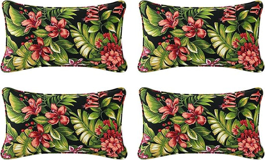 Outdoor Decorative Pillows Pack of 4, 20" x 12" Outdoor Pillow Set for Couch Bed Throw Patio Sofa, Red Flower Green Leaf
