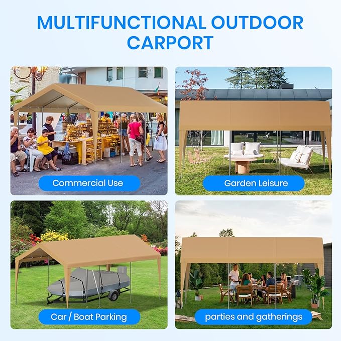 12x20 FT Heavy Duty Carport, Outdoor Portable Car Canopy Garage, Galvanized Steel Frame, UV-Resistant Waterproof PE Tarp Shelter for Vehicles, Boats, RVs, Driveway Carport, Yellow