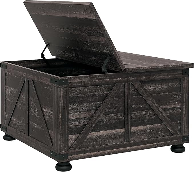 HOMCOM Farmhouse Coffee Table, 31.5" Square Coffee Table with Storage, Living Room Center Table with Hinged Flip Lift Top and Hidden Space, Distressed Brown