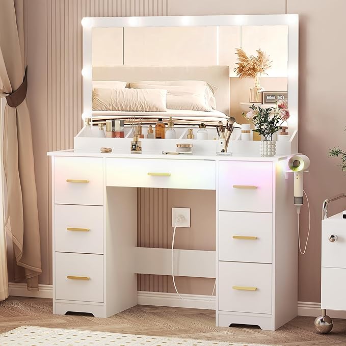 Vanity Desk with 38" Large Mirror and 9 LED Lights, Adults Makeup Vanity with 7 Storage Drawers and Glass Top & Power Outlet and RGB Ambient Lights, Dressing Table for Bedroom, Modern White