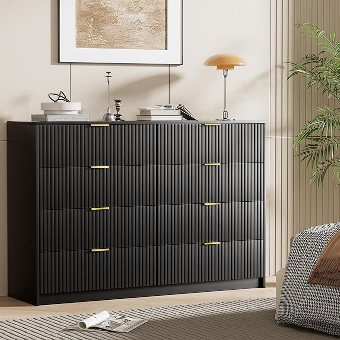 Black Dresser for Bedroom, Modern Dresser with 8 Drawers and Smooth Slides, Wide Chest of Drawers with Golden Handles for Bedroom, Closet, 15.7" D x 55" W x 37.4" H