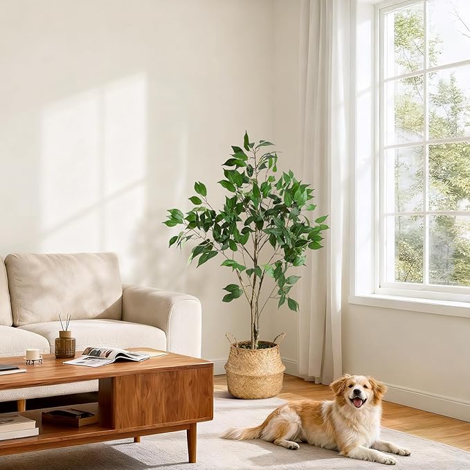 4FT Ficus Trees Artificial Indoor, Faux Silk Plant with Natural Wood Trunk and Lifelike Fruits, White Imitation Ceramic Planter with Green Fake Moss for Modern Home Office Living Room Decor