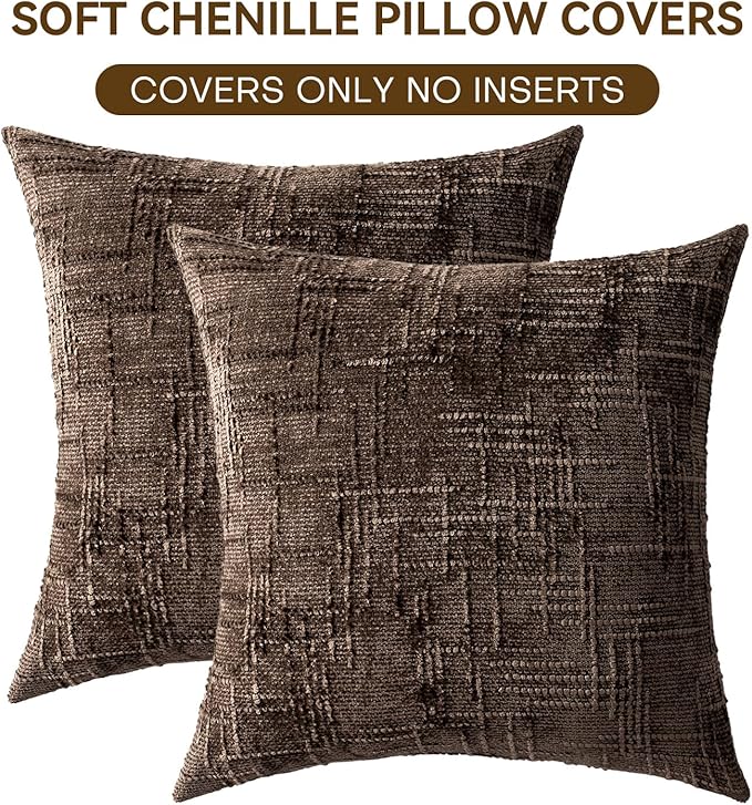 Decorative Throw Pillow Covers 22x22 Inch Set of 2, Soft Solid Farmhouse Chenille Couch Pillows, Spring Pillow Covers for Couch Sofa Bed Living Room Home Decor Pillowcase, Brown
