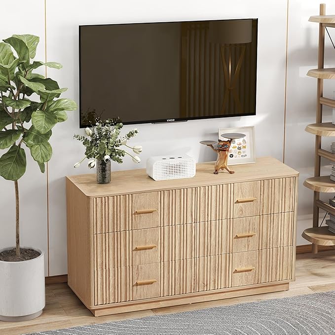 Fluted Double Dresser for Bedroom with 6 Drawers,47" Wide Modern Chest of Drawers,Curved Profile Wood Storage Dressers TV Stand,Wooden Closet Clothes Storage Organizer for Living Room Hallway, Natural