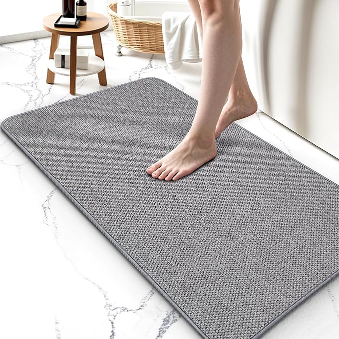 Upgraded Thin Bathroom Rugs, Bath Mat Super Absorbent, Bath Rugs Rubber Backing Non-Slip, Quick Dry Machine Washable, Cozy Cloth Bathroom Mat fit Under Door/Sink/ Bathtub/Floor/Shower 24''x36''-Gray