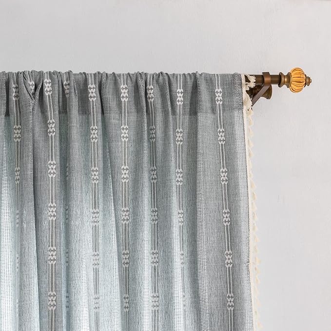 Boho Embroidery Striped Farmhouse Curtains - 84 Inch Long, 2 Panel Set, Blue Linen, Tassel, Semi-Blackout for Bedroom & Living Room (52" W x 84" L)