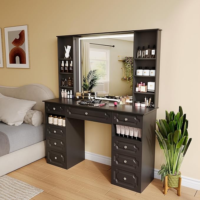 Vanity Desk with Lighted Mirror, 47” Heavy-Duty Large Makeup Vanity, 9 Drawer Dressing Table with Mirror, Elegant Make Up Desk for Bedroom (Black)