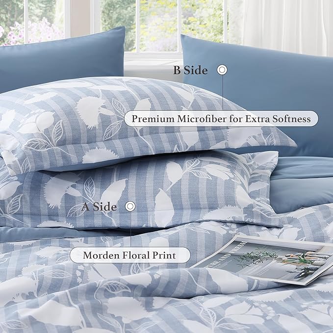 King Comforter Set -7 Pieces Blue Floral Comforter Set for All Seasons, Bed in a Bag King with Botanical Flowers Comforter, Sheets, Pillowcases & Shams