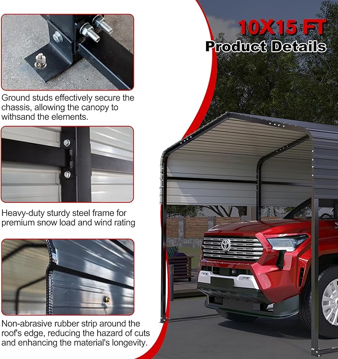 Metal Carport Kit 10x15 FT Heavy Duty Galvanized Garage Shed for Car Truck Boat Outdoor All Weather Sunshade Car Shelter with Enhanced Base Sloped Top (Black)
