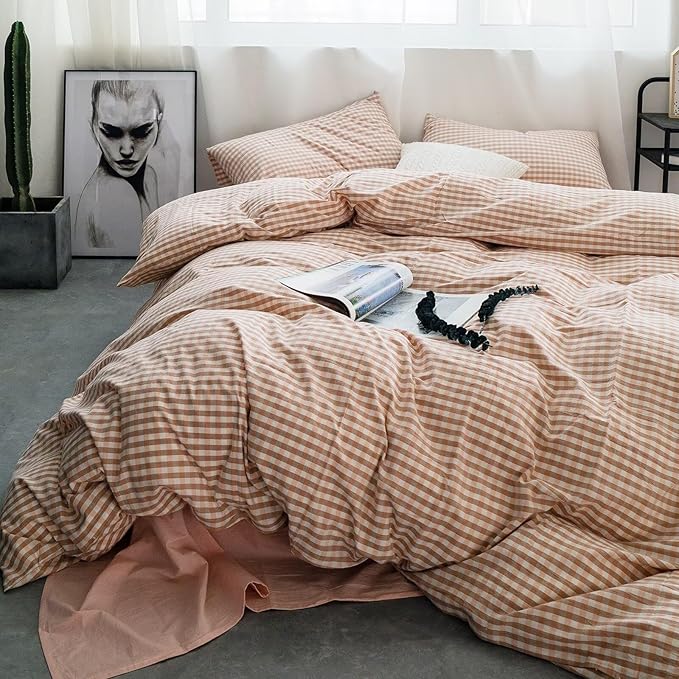 mixinni Pink Gingham Comforter Set Full, Plaid Comforter Set 3 Pieces 1 Pink Grid Comfoter with 2 Pillow Cases for All Seasons, Soft Fluffy Modern Grid Pattern Printed Bedding-Full Size