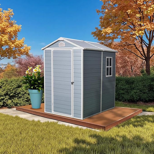 4' x 6' Resin Storage Shed Outdoor, PP Material & Strong Structure for All Weather, Plastic Garden Shed w/Window for Garden, Backyard, Poolside and Lawn, 15mm Thick PP Board - Light Grey