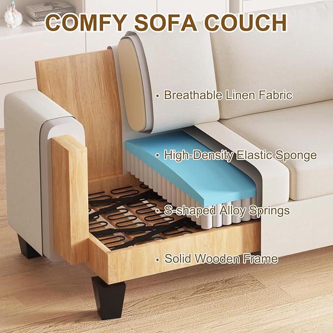 Furnimart 85 inch Deep Seat Sofa, Modern 3 Seater Couch, Beige Linen Sofa, Comfy Cloud Couch for Living Room, Cozy Fluffy Sofas with Removable Sofa Cover, Small Couches for Small Spaces