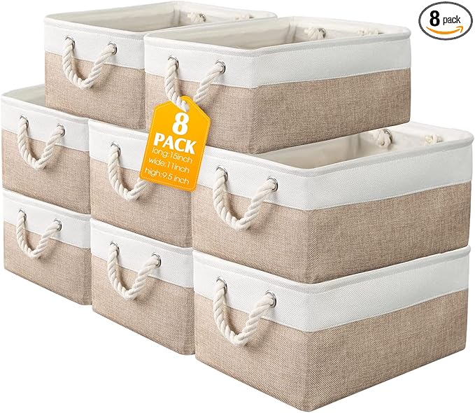 meekoo 8 Pack Collapsible Storage Bins Fabric Storage Bins Polyester Fabric Baskets with Handles Linen Closet Organizer for Shelf Home Closet Towels Toys(15 x 11 x 9.5 in,Beige)
