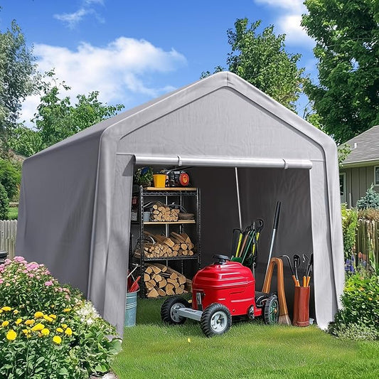 Quictent Heavy Duty 8x12FT Carport Shelter with Roll-Up Mesh Windows & Reinforced Frame, Portable Garage Canopy for Motorcycle Storage, Outdoor Equipment, Patio Furniture Cover - Silver Gray