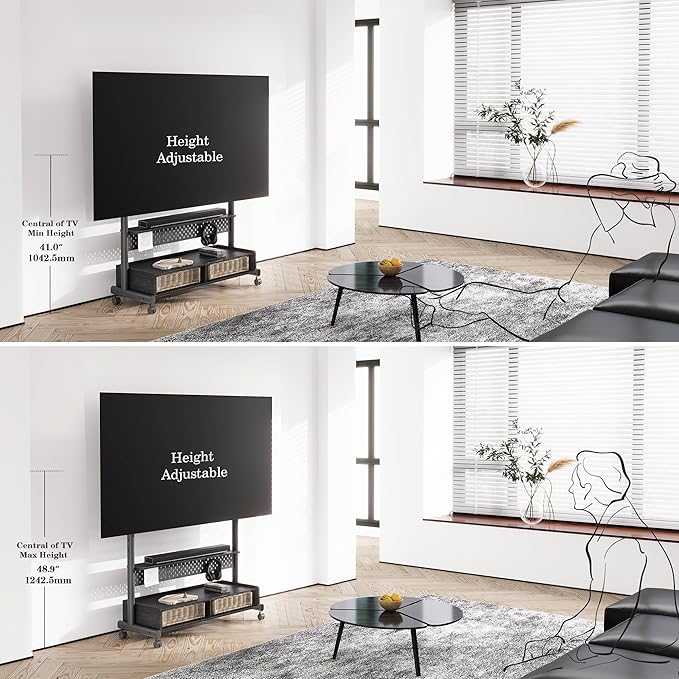 FITUEYES Rolling TV Stand Mount for 70 to 100 Large TV Screens，Mobile TV Floor Stand on Wheels with Ample Storage Pegboard & Wooden Shelf, Rolling TV Cart Hold up to 176 lbs, Max VESA 850 x 600