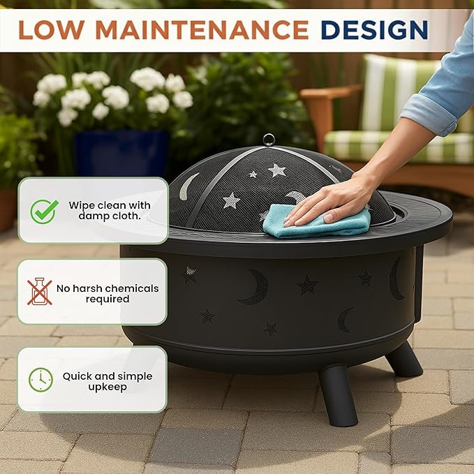 Fire Pit - 32-Inch Outdoor Wood Burning Firepit with Screen, Poker, and Cover - Outdoor Fire Pits for Backyard, Deck, or Patio by Pure Garden (Black)